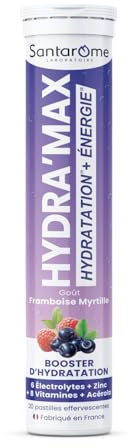 Santarome - Hydra'max - Booster d'hydration et d'énergie - Optimise l'hydratation - Riche en électrolytes - Goût Framboise Myrtille - 20 pastilles effervescentes - France