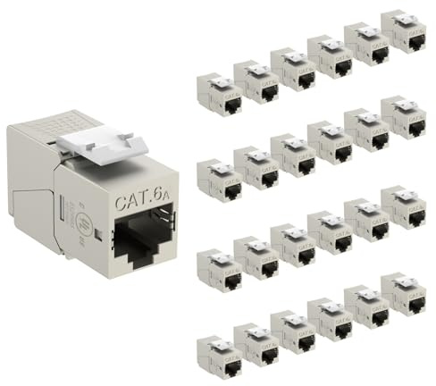 Tecmojo UL Listed 10Gbps Cat6A Shielded Keystone Jack Insert 25 -Pack, 180 Degree Punch Down RJ45 Keystone Jack Adapter Slim Profile for Patch Panel & Wall Plate, Sliver