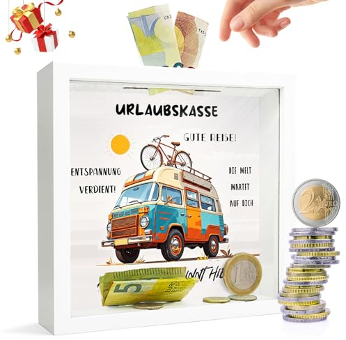 Urlaubkasse Spardose Urlaub Reisekasse Geschenk - Geldgeschenk Sparschwein Spardose Reisen Sparbox Urlaubskasse aus Holz Wunscherfüller Verpackung Geld Sparen für alle Weltenbummler und Reiseliebhaber