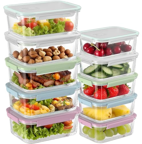 MerryNine Glass Food Storage Containers - 10 Pack,1040ml & 370ml Meal Prep Container with Airtight Leakproof Lids, Reusable Safe for Microwave, Freezer, Dishwasher Kitchen Storage & Organisation