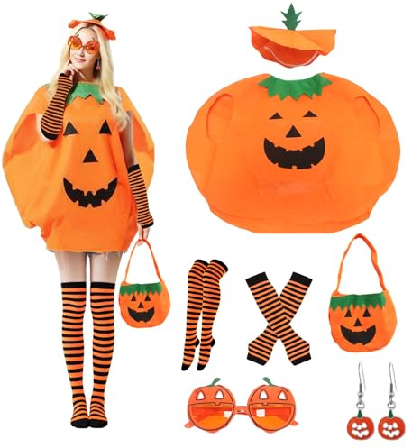 MAINOSHY Halloween Pumpkin Costume Pumpkin Outfit Cosplay With Hat High Stockings Sweet Bags Sweet Bags Glasses Earrings Adults' Fancy Dress for Halloween & Carnival