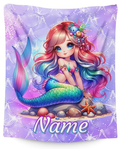 GiftRomance Personalised Mermaid Blanket for Girls β Custom Name Soft Fleece Throw, Kids Cosy Bed Blanket Gift for Birthday, Travel & Nap