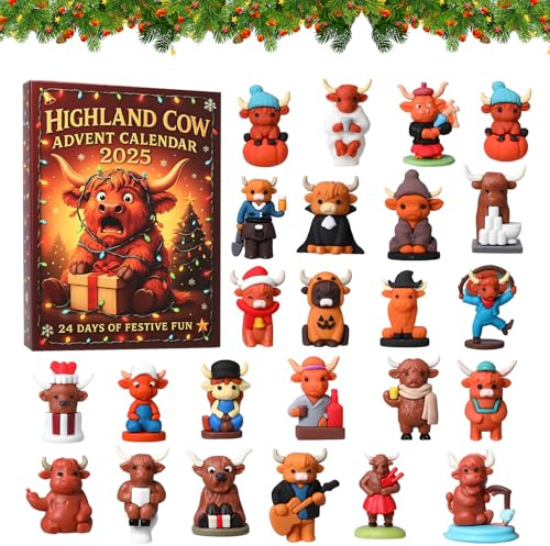 24 Days Highland Cow Advent Calendar 2025, 2D/3D Highland Cow Ornaments Advent Calendar, with 24 Different Mini Highland Cow Ornaments, Cute Holiday Decor Gift (Resin 3D)