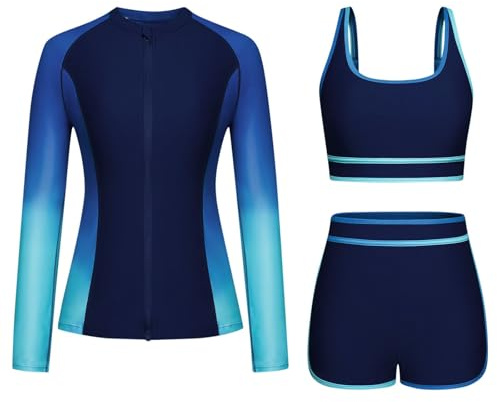 Maillots de Bain 3 Pièces Femme Rashguard Set Maillot de Surf Manches Longues Protection Solaire Anti-UV T-Shirt Top de Sport pour Vacances Surf Plage Natation Maillot de Bain Shorty Séchage Rapide