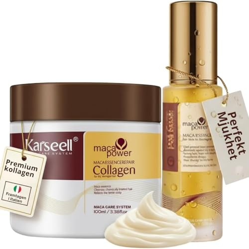 Karseell MACA CARE SYSTEM Set Riparazione Capelli Professionale Maschera Collagene 100ml + Olio di Argan 50ml Cocco Karité Capelli Secchi Danneggiati Idratante Nutriente Anticrespo Effetto Specchio
