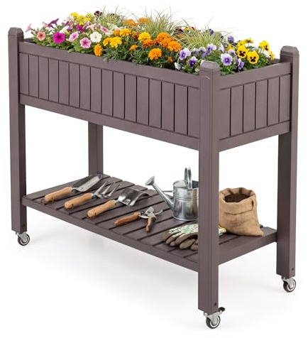 COSTWAY Jardinière Surélevée avec roulettes, Lit de Jardin avec Moniteur d’Eau, Trou de Drainage Étagère de Rangement, Bac à Plantes Divisible Élevé pour Légumes Herbes Fleurs