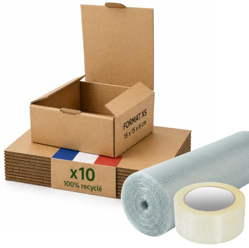 Boite carton emballage colis XS - Lot de 10 + film à bulles + adhésif - 15 x 15 x 6 cm - Renforcé - bijoux, accessoires, e-commerce - Life Pack