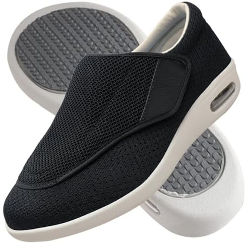 AZMAHT Pantoufles diabétiques Les Chaussures pour diabétiques Pantoufles Orthopédiques en Viscoélastique en Tissu Eté Pantoufles pour Hommes Réglable Antidérapant Confortable,Noir,44.5EU
