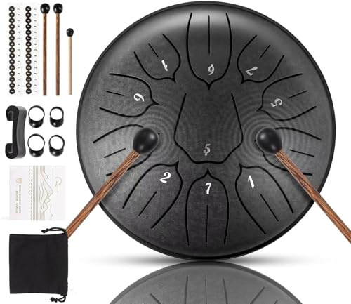 Harmuhos Rain Drum for Outside, 6 Inch 11 Notes D Major Steel Tongue Drum, Steel Drum Percussion Instrument for Yoga, Meditation & Music Education with Music Book, Mallets, Carry Bag & Finger Picks