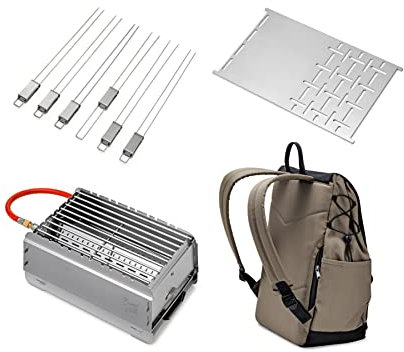 BRUZZ WILLI 50 mbar Gasgrill BRUZZ WILLI BW1.1 mit Edelstahl-Plancha und 6-teiligem Spießset, Rucksack mit Kühlfach, Brenner mit 3,5 kW, herausziehbare Fettauffangschale, einfacher Auf- und Abbau