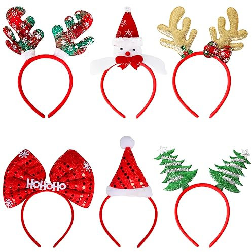 AWCIGG 6 Stück Haarreifen Weihnachten Stirnbänder Weihnachtsmütze Schneemann Weihnachtsbaum Rentier Geweih Weihnachts Haarreif Haarschmuck Kopfschmuck Kinder Erwachsene Weihnachtsfeier Accessoires