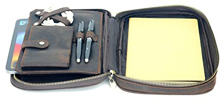 JJNUSA Leather Portfolio Zippered for Men Women iPad Mini 6 5 8.3 inch iPads 9.7 inches Cover Portfolio Sleeve Pencil Holder Phone Notebook A5 Pocket Cables Organizer Dark Brown