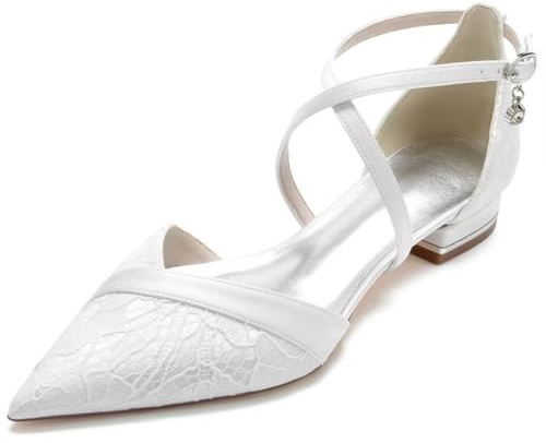 JOEupin Zapatos planos puntiagudos de boda para novia, tacones bajos, correa cruzada en el tobillo, zapatos planos de novia, zapatos de vestir de fiesta de noche, zapatos de tacón