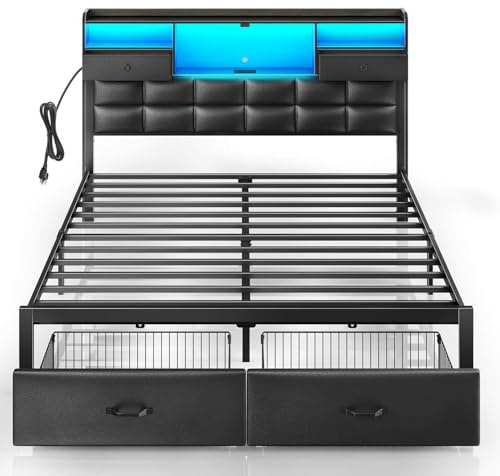 Rolanstar Bed Frame Full Size with Drawers and Charging Station, Upholstered Platform Bed with Storage Headboard and LED Light, Heavy Duty Metal Frame Support, No Box Spring Needed, Noise Free, Black