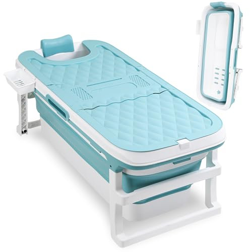 Ikodm Faltbare Badewanne Erwachsene - XL 132x60x50cm, Klappbare mobile Badewanne mit Abdeckung, Massagerollen & Korb, Klappbadewanne für Badezimmer, Dusche und Balkon (Blau)