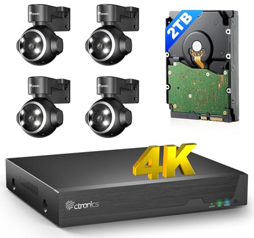 【4K 8MP+ 2TB HDD】 Ctronics Kit Caméra Surveillance 4K, 4X NVR POE Caméra Détection Animaux/Véhicules/Humains, Surveillance Vidéo 24/7 et Vision Nocturne IR 25M, Audio Bidirectionnel