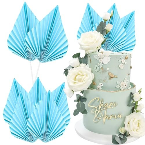 Ephlyn 6Pcs Paper Palm Fan Cake Topper Palm Leaf Fan Cake Pick Decoration for Insert DIY Craft Project Home Made Wedding Bridal Shower Birthday Anniversary Party Cake Decorations Blue
