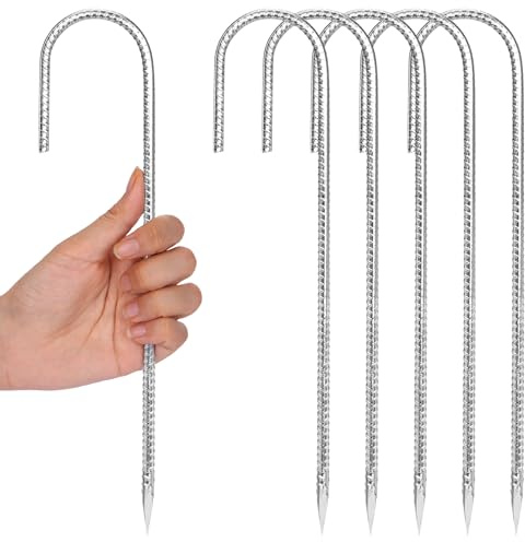 CEWOR 6 Pack 12 Inch Rebar Stakes, J Hook Tent Stakes Heavy Duty Long Galvanized Ground Anchors Metal Spikes Landscape Yard Stakes for Signs, Trampoline, Chain Link Fence, Outdoor Decoration