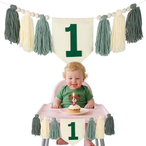 ‌Handmade Boho 1st Birthday High Chair Banner Blue Tassel for Boys Cake Smash Backdrop Baby Shower Decor with Wood Beads Reusable Photo Prop Washable Nursery Wall Hanging
