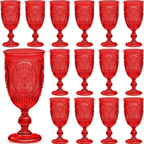 Wiwiqing 24 Pcs Plastic Goblets 7.5oz Vintage Goblet Plastic Wine Glasses Colored Retro Embossed Water Goblets for Wine Bar Juice Baby Shower Wedding Reception Grand Event Party (Red)