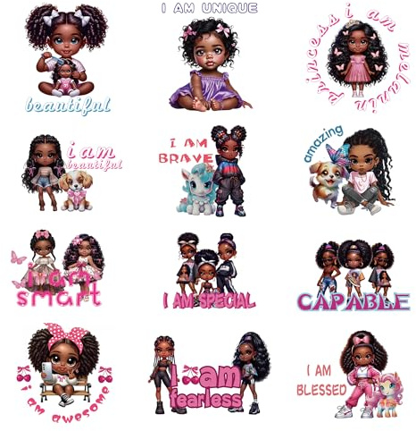 Black Girl Iron On Transfers - 12 Pcs DTF Transfers Stickers Patches Ready to Press Personalised Iron On Patches Washable Heat Decals for Girls DIY T-Shirt Clothing Coat Jeans Backpacks Decorations