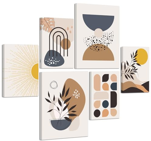 6Pcs Boho Geométrico Círculo Marco de madera Cuadros Decoracion Salon Set, Minimalista Sol Plantas Cuadros Pintura Lienzos Decorativos Abstracto Dormitorio Oficina Comedor Murales Decoración de Pared
