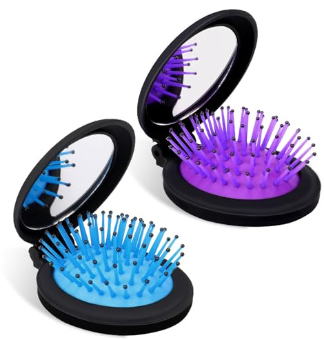 2 Pcs Folding Travel Mirror Hair Brushes Mini Round Pocket Hair Brush Folding Pocket Brush Portable Travel Size Comb for Men Women Purse Pockets (Purple, Blue)