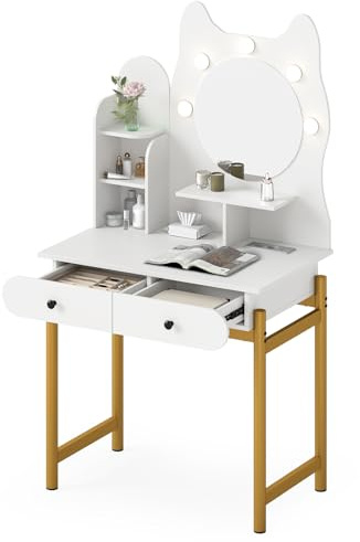 COSTWAY Sminkbord i Kattform med Spegel och Belysning, Toalettbord med 3 Ljuslägen, Dimbart Ljus, 2 Lådor och Uttag, Sminkbord för Kvinnor och Flickor Vit