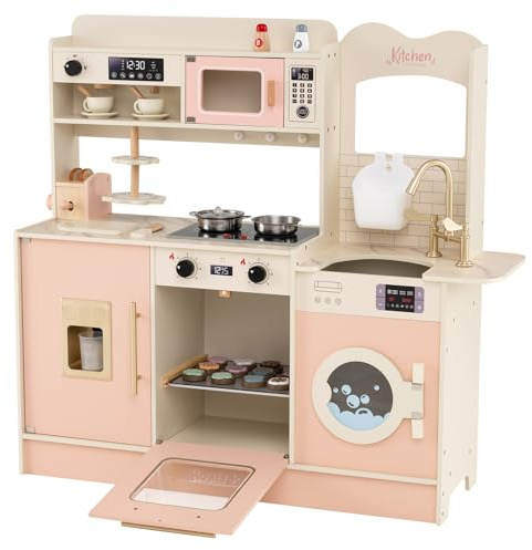 COSTWAY Kids Wooden Kitchen, Pretend Play Kitchen with Light, Sound, Sink & Faucet, Microwave Oven, Coffee Machine, Ice Dispenser, Utensils, Children Chef Role Playset for Boys Girls (Pink)