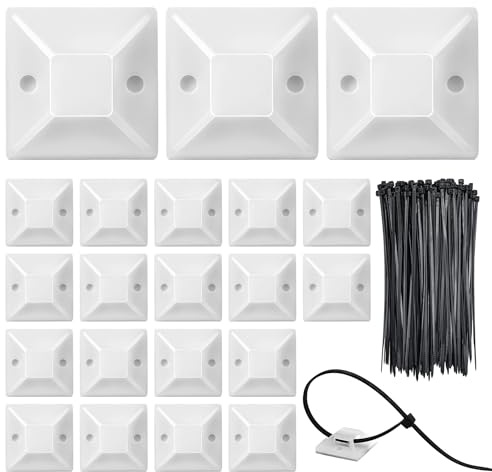 100 Pezzi Supporti Autoadesivi per Fascette con 100 Fascette Stringicavo, Basi Fermacavi con Adesivo Extra Forte per Organizzazione Cavi Casa e Ufficio, 18x18mm, Bianco