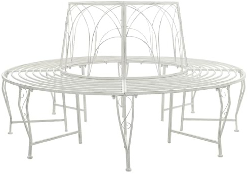 LoogCape Trädbänk, 8 sittplatser, rund trädgårdsbänk av stål, antik vit matt Ø 160 x 89 cm, trädgårdspark, terrasser, utomhusbänk med ryggstöd