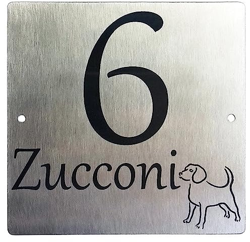 GUIZZO Creart - Numero Civico Esterno in Acciaio Inox, Targa Personalizzata con Numeri Civici Esterni, Via e/o Famiglia e Nomi Made in Italy, Targhetta Personalizzata Porta Ingresso Esterno, 10x10H cm