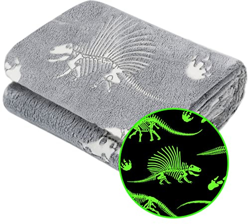 Glow in The Dark Blanket Dinosaur Throw Blanket for Boys Kids Soft Warm Cozy Cute Dino Blanket Unique Dinosaurs Toys Gifts Gray Glowing Dinosaur Room Decor Blankets for Girls Teens 50x60