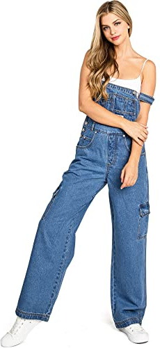 Lana Roux 90s Retro Revolt Dungaree Cargo Utility Denim Jumpsuit Jean Overalls (Cargo Denim, Large)