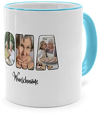 PhotoFancy® - Fototasse 'OMA' - Personalisierte Tasse mit eigenem Foto und Text selbst gestalten - Hellblau