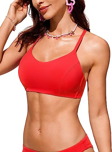 CRZ YOGA Women's Bikini Top Lace Up V Neck Swimsuits Crisscross Bathing Suit Swim Sports Bra Padded Dark Red Medium