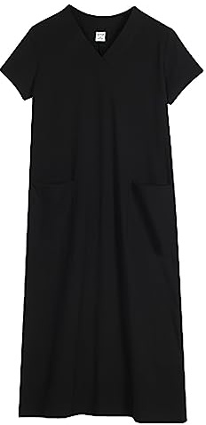 aromm Femme Manches Courtes Robes T-Shirt avec Poches Décontractée Col en V Robe Longue pour Voyage Noire,L