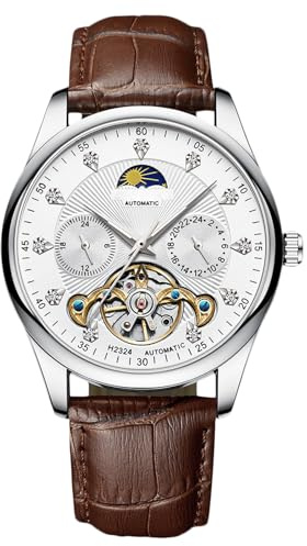 rorios män automatisk Tourbillon klocka diamant skelett klocka vattentät mekaniskt armbandsur lysande månfas klocka läderarmband, Brun vit B, L, Rem