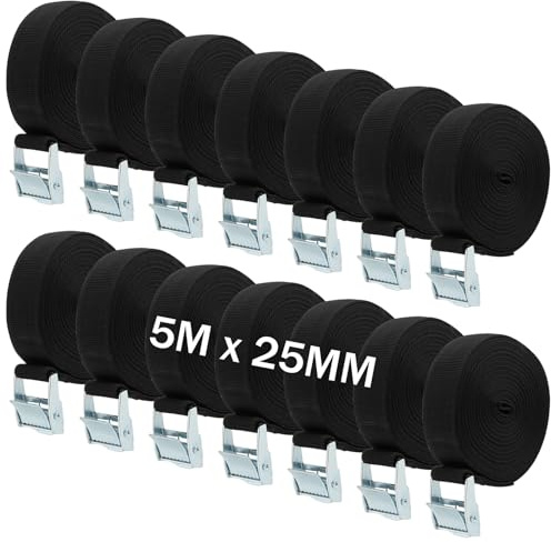 HAKZEON 14 Pack 5m x 25mm Tie Down Lashing Straps, Adjustable Heavy Duty Tensioning Belts Lashing Straps, Cam Buckle Pull Tie Down Strap for Bicycle Carrier Cargo Trailer Car Luggage, Black