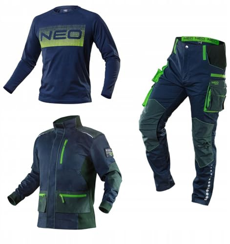 NEO TOOLS Pantaloni da lavoro di alta qualità, da uomo, con giacca, taglie XS-3XL, 3% elastan, design alla moda, pantaloni – tasche protettive per il ginocchio e rinforzato con cordura, Set (pantaloni