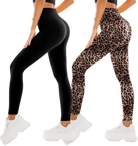 SINOPHANT 2er Pack Leggings Damen High Waist - Sportleggins Elastisch Yogahose Blickdicht Fitness Gym Yoga(2 Schwarz/Leopard,L-XL)