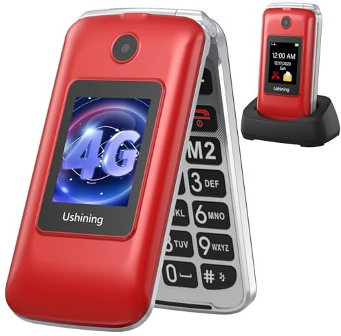 USHINING 4G Seniorenhandy ohne Vertrag, Klapphandy Großtasten Handy für Senioren mit 2,8 und 1,77 Zoll Dual Farbdisplay SOS-Funktion Ladestation Dual-SIM Kurzwahl Wecker 1200 mAh Akku, Rot