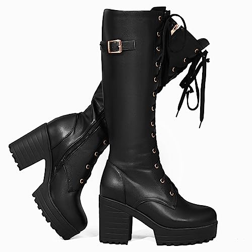 Voviggiw Women Fashion Platform Knee High Lace Up Chunky Heel Boots with Buckle Side Zipper Biker Boots - Black Size 39