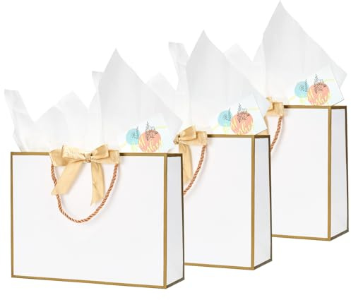 Medium Gift Bags for Presents - 3pcs White Gift Bags for Birthday, Wedding, Party, Anniversary and All Occasions