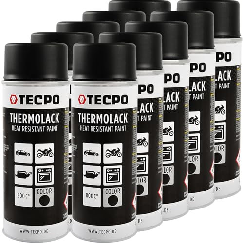 TECPO Thermolack Spray Dose 10x400ml Auspufflack Autolack Ofenlack Bremssattellack hitzebeständig bis 800°C schnell trocknend Auto Lackspray Schwarz Matt schützt Motor und Auspuff vor Rost (10er-Pack)