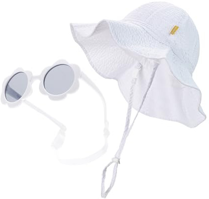 Baby Toddler Girls Sun Hat with Polarized Flexible Baby Sunglasses with Strap 0-24 Months(White,0-6M)