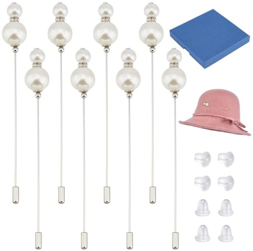 BENECREAT 8 Spilla per Cappello con Perla Bianca, Spille di Sicurezza Vintage Spille in Plastica ABS Spilla in Perle Finte Spilla per Cravatta, Sciarpa, Cappelli da Cowboy Occidentali, Capelli, 125mm