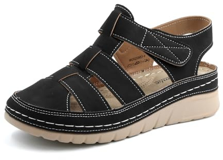 JOMIX Sandali Donna Estivi Comodi con Punta Chiusa e Strappo Scarpe Ortopediche Zeppa Bassa da Anziane Ciabatte Plantare Comfort da Passeggiate Camminata WOX250653 Nero 39