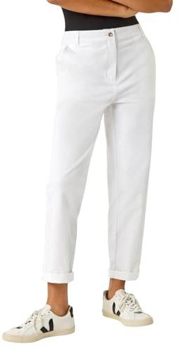 Roman Plain Cotton Chino Trousers for Women UK - Ladies Spring Everyday Summer Holiday Button Up Comfy Belt Loops Soft Pocket Detail Bottoms Day Out Pants - White - Size 10