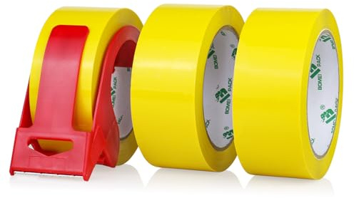 BOMEI PACK 3 rotoli di nastro adesivo per imballaggio, 66 m x 48 mm, giallo, materiale di imballaggio per pacchetti e cartone con rullo in plastica di qualità professionale